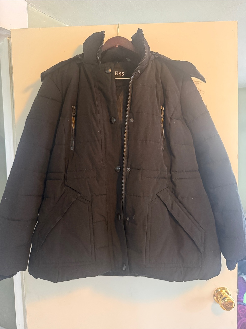 GUESS Women’s Black Quilted Winter Coat w/ Furry Removable Hood Sz Extra Large